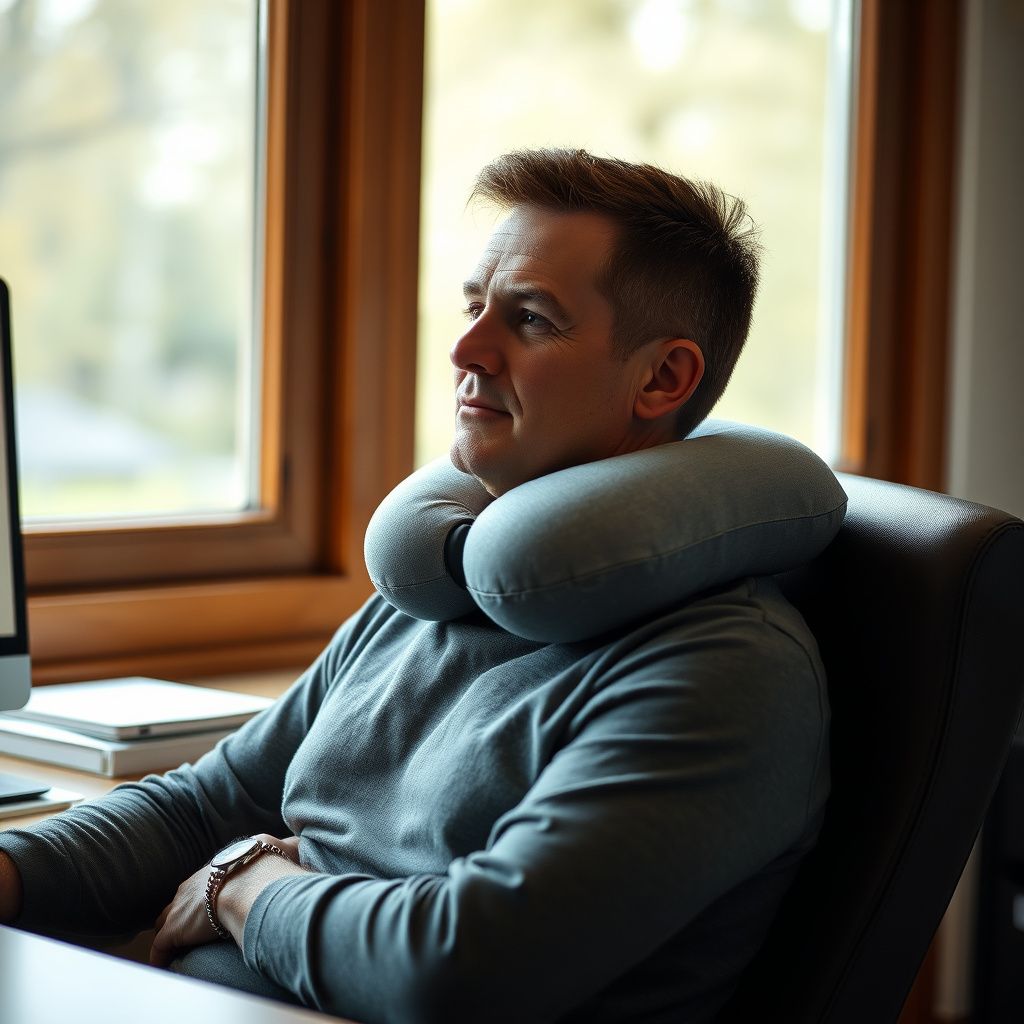 Person wearing neck and shoulder massager pillow at desk