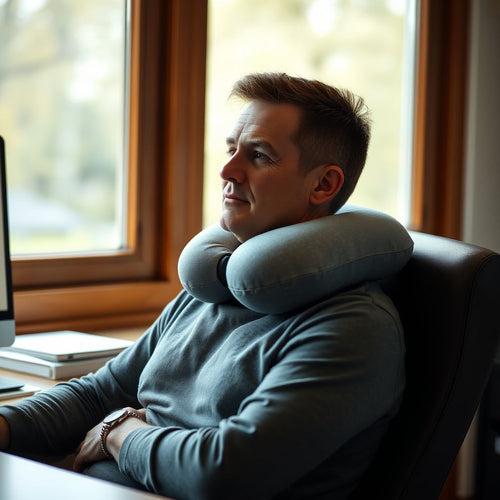 Person wearing neck and shoulder massager pillow at desk