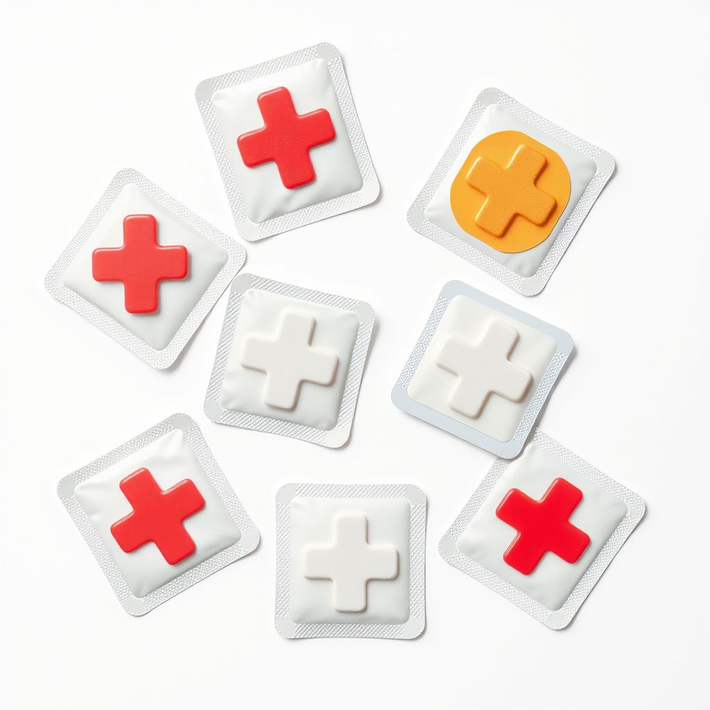 Open box of pain relief patches flat lay