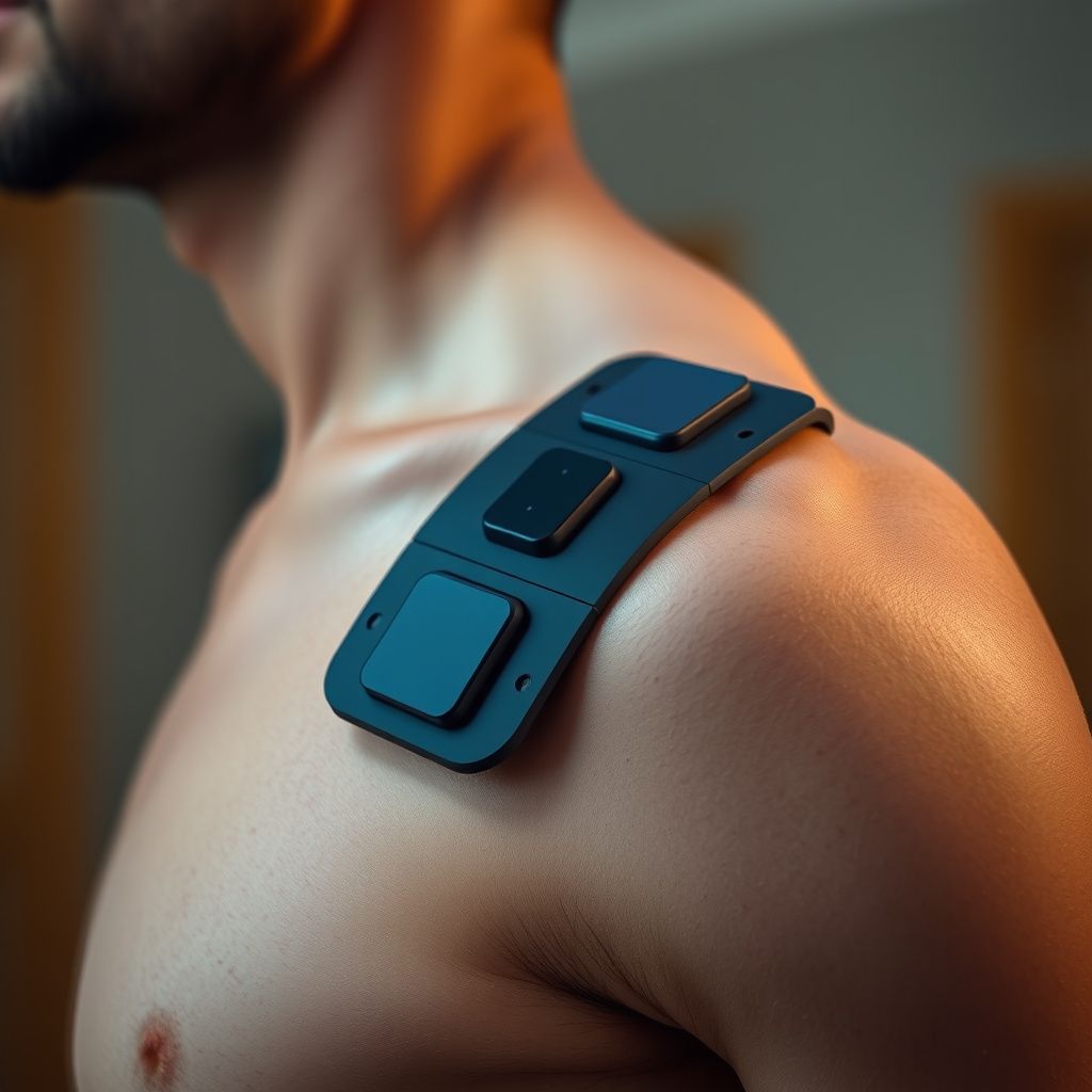 Person with EMS electrode patches on shoulder